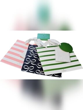 kate spade of New York, Striped & Bow Gift Bag Set in Pink, Black, Green, New.